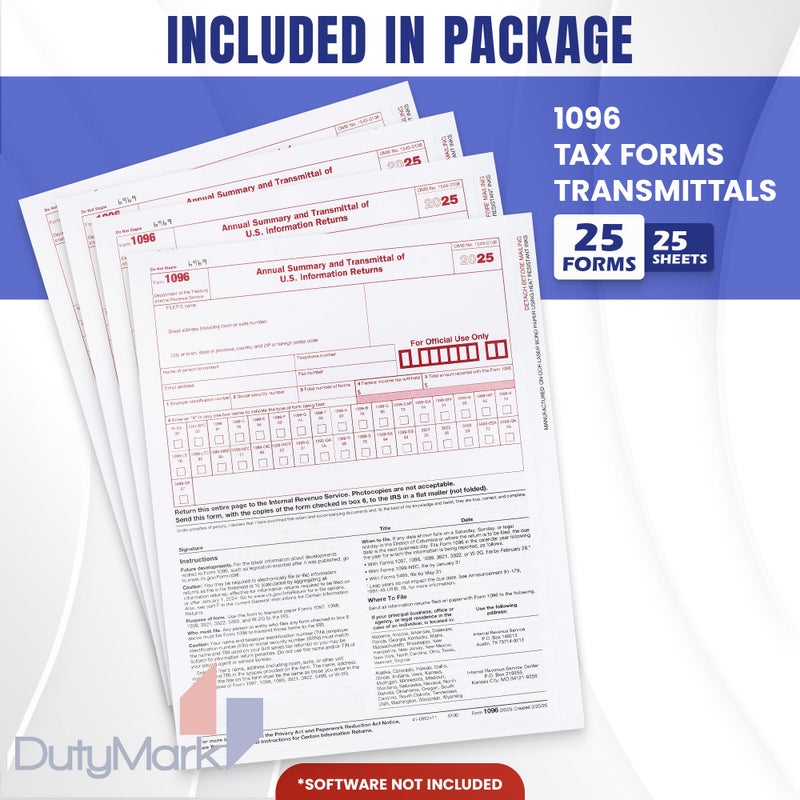 Dutymark 1096 Transmittal Tax Forms 2025, 25 Pack of 1096 Summary Laser Tax Forms, Compatible with QuickBooks and Accounting Software, Use for 1099 NEC, MISC, INT, and Other 1099 Forms - Image 2